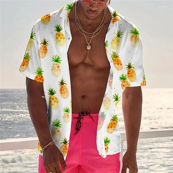 Camisas casuales para hombres Camisa de piña de moda para hombres Solapa de verano Patrón de fruta Ropa Botón divertido Camiseta Vacaciones en la playa Hawaiano