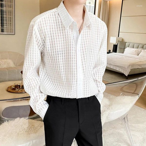 Chemises décontractées pour hommes Mode Plaid Creux Lâche Couleur Unie À Manches Longues Party Tuxedo Chemise Coréen Discothèque