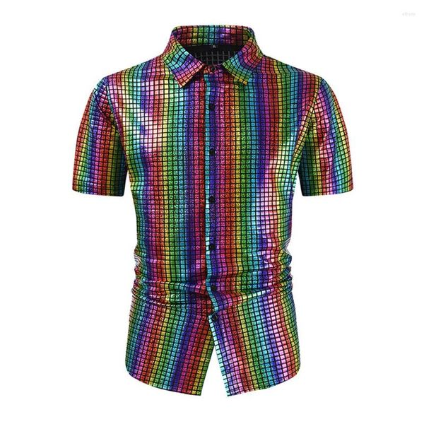 Camisas informales para hombre, moda Retro de los años 70, disfraz de discoteca, lentejuelas brillantes, botones de manga corta, blusa con cuello vuelto, Tops para hombre