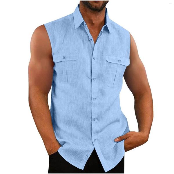 Camisas casuales para hombres Camisa de moda Chaleco de vacaciones sin mangas con doble bolsillo