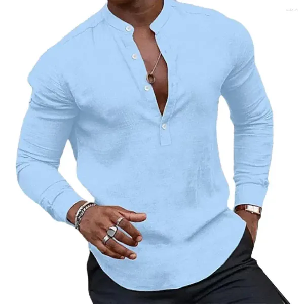 Chemises décontractées pour hommes Chemise de mode Henry Couleur unie Bouton semi-ouvert Col montant Musculaire Tops Street Doux et confortable 2023