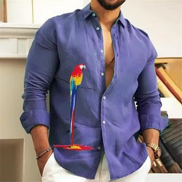 Camisas informales para hombre, moda, flor simple y pájaro, Color sólido, púrpura, gris, verde, camisa de solapa de manga larga, 2023