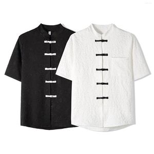 Heren Casual Shirts Mode Lente En Zomer Korte Mouwen Vintage Tang Kleding Plaat Viscose Shirt Lange Hals Jonge Heren