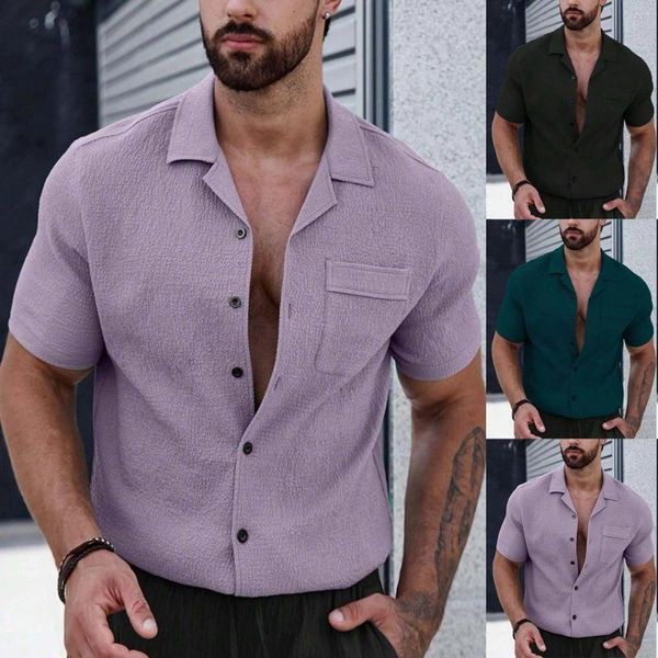 Camisas casuales para hombres Moda Primavera y verano Manga corta Solapa Arrugada Botón Abajo Western Cowboy Hombres Camiseta V Cuello