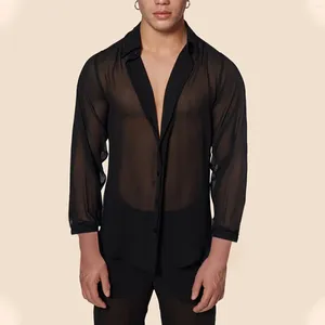 Casual shirts voor heren mode streetwear sexy diep v nek zie door mesh shirt voor mannen zomer lantaarn mouw tops 2024 kleding