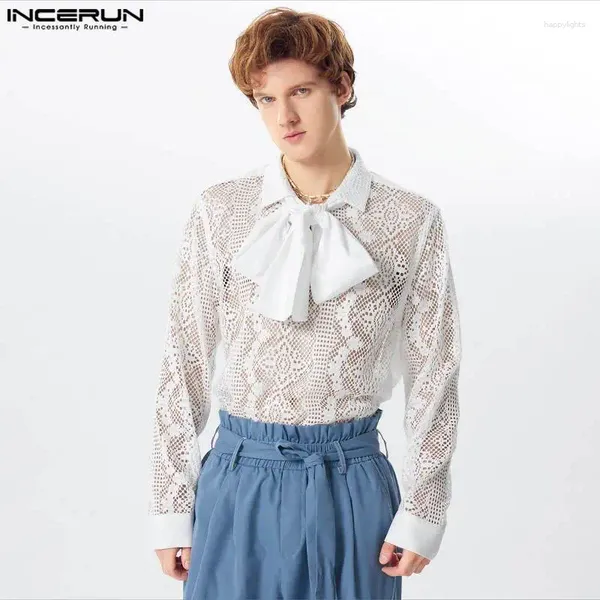 Camisas casuales para hombres estilo de moda tops incerun 2024 diseño de cinta de encaje sexy malla hermosa malla delgada blusa de manga larga s-5xl