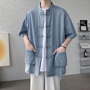 Chemises décontractées pour hommes mode Tang traditionnel tissu bouton poche chemise hommes été mince Denim hauts vêtements orientaux asiatiques