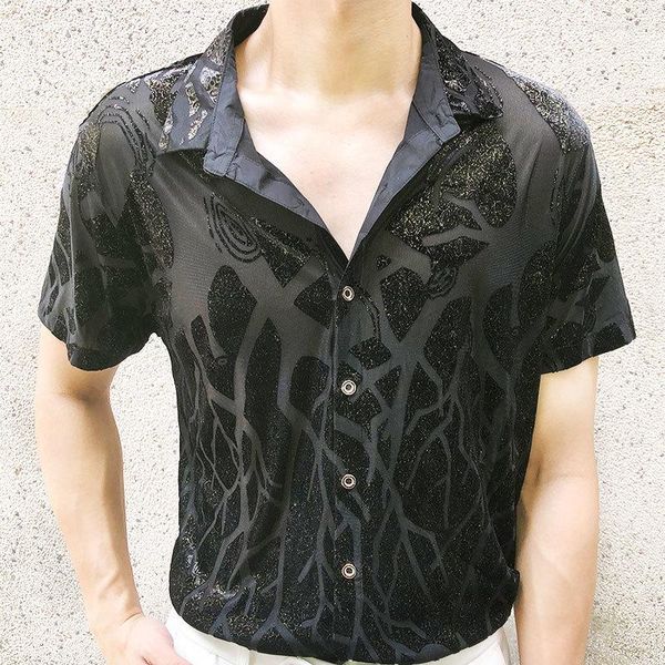 Camisas casuales de los hombres Camisa de oro negro transparente de moda Hombres Sexy Arte abstracto Discoteca Top Ver a través de estilo para