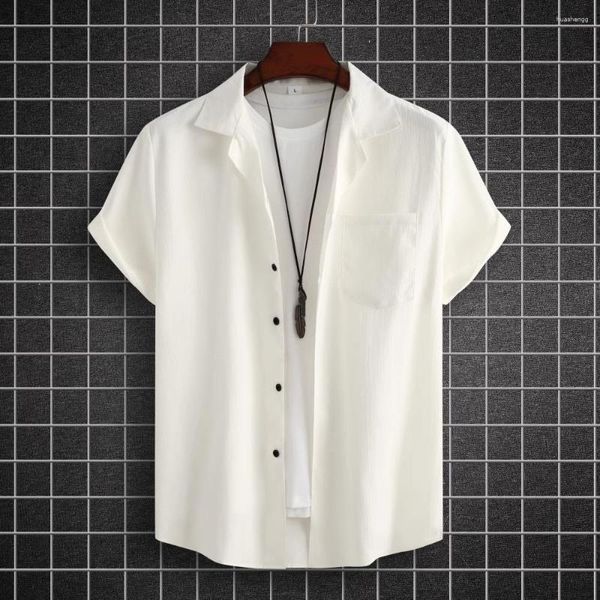 Chemises décontractées pour hommes Mode Chemise blanche Boutonnée Lin pour hommes Manches courtes Coupe régulière Coton Plage avec poche