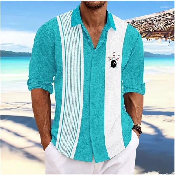 Chemises décontractées pour hommes à la mode 2024 Été Hawaiian Bowling Retro Stripe Match à manches longues Robe de vacances à revers pour hommes