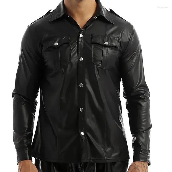 Camisas casuales para hombres Trajes de escenario de club nocturno de cuero de imitación Camisa de manga larga con botones PU Wetlook Dance Clubwear 2024