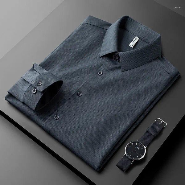 Camisas casuales para hombres Calidad fina Elegante Manga completa Otoño Primavera Moda Peso ligero Camisa de rejilla de oblea blanca de lujo