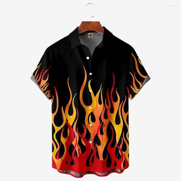 Chemises décontractées pour hommes Flamme 3D Vintage Mode d'été Rouge Chemise hawaïenne Homme à manches courtes surdimensionné pour hommes 2023