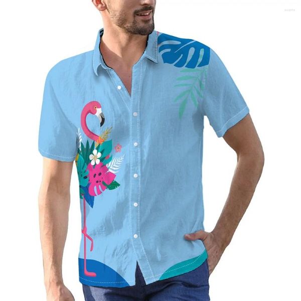 Camisas casuales para hombres Camisa con botones de manga corta con estampado de dibujos animados digitales de flamencos y hojas para ropa de vacaciones de verano