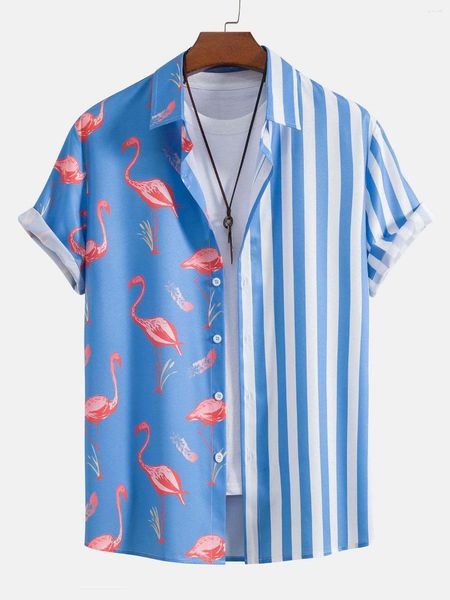 Chemises décontractées pour hommes Flamingo And Stripe 3D Print Patchwork Shirt Short Sleeve Hawaiian Beach Top Summer Fashion Pour Hommes XXS-6XL