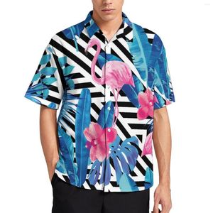 Chemises décontractées pour hommes Flamingo Art Stripe And Leaf Print Beach Shirt Hawaiian Funny Blouses Men Graphic Plus Size