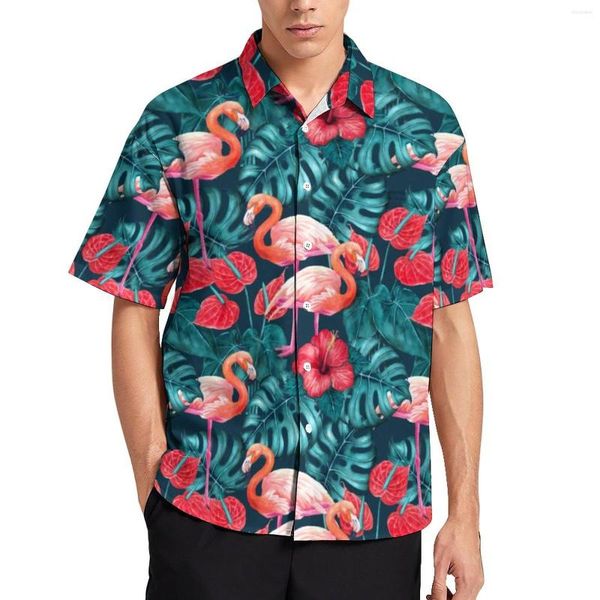 Camisas casuales para hombres Flamingo Birds Tropical Garden Beach Shirt Hawaii Moda Blusas Hombre Patrón Tallas grandes 3XL 4XL