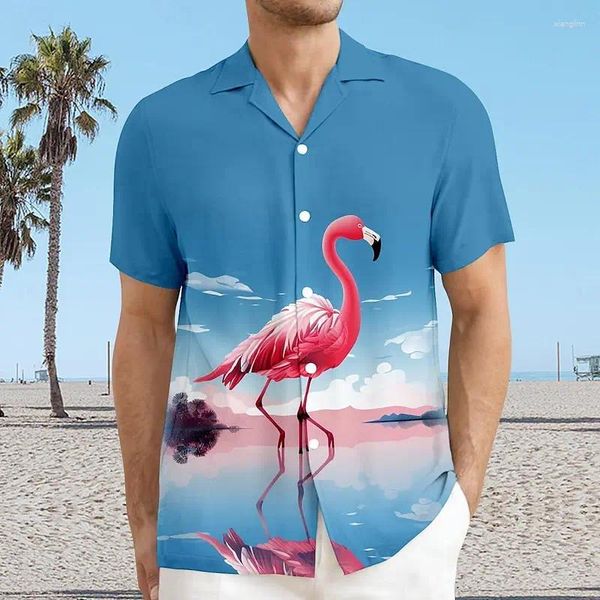 Chemises décontractées pour hommes Flamingo Hawaiian Resort Style Shirt Vacation Beach Summer Collar Coubain Colaire courte