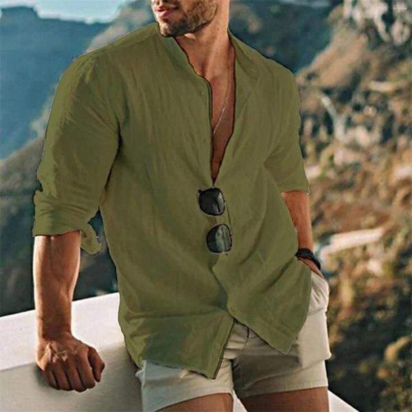 Camisas informales para Hombre, camisa sencilla de lino de Color sólido, blusa con cuello en V profundo, Camisas finas de manga larga para Hombre, trajes transpirables, Blusas