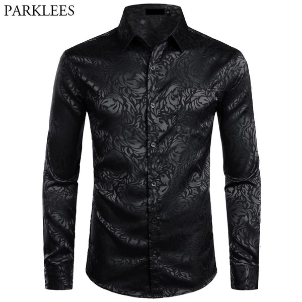 Chemises décontractées pour hommes Robe noire florale Élégante à manches longues Steampunk Hommes Party Club Bar Social Mâle Chemise Homme 221130