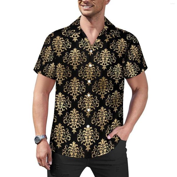 Camisas casuales para hombres Damasco floral Camisa de playa negra dorada Blusas hawaianas Y2K Gráfico masculino Tallas grandes