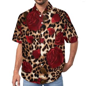 Chemises décontractées pour hommes chemise à imprimé léopard floral Roses rouges plage ample été rétro Blouses à manches courtes motif vêtements surdimensionnés