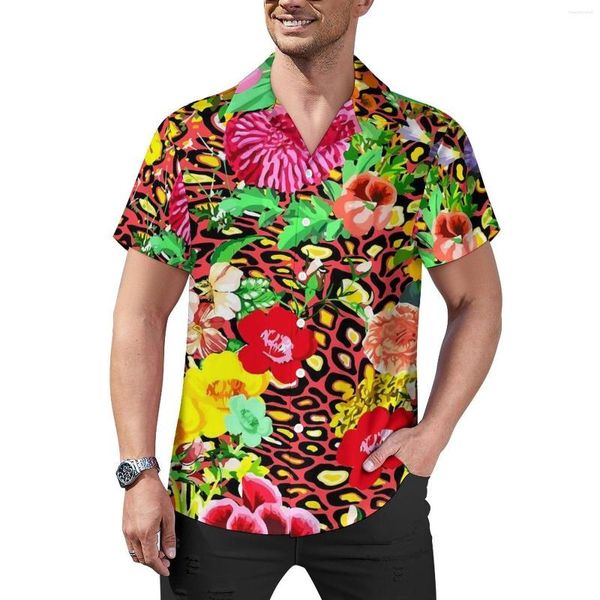 Chemises décontractées pour hommes chemise léopard à fleurs colorées imprimé de fleurs plage lâche été Cool Blouses manches courtes haut surdimensionné personnalisé