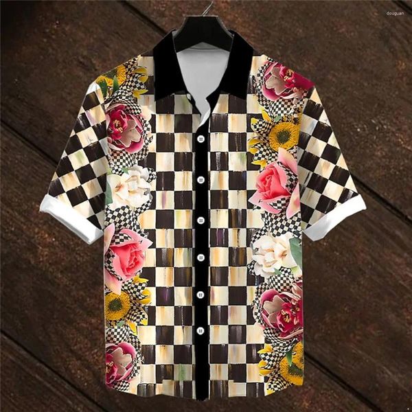 Camisas informales para hombre, estampado floral a cuadros hawaiano para hombre, camisa a cuadros, Top extragrande de manga corta para el día de San Valentín