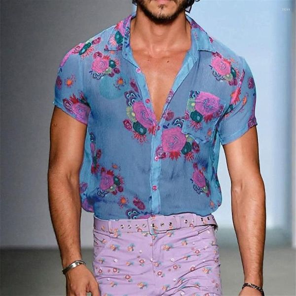 Chemises décontractées pour hommes Floral Chemise à revers transparente Hommes Sexy Voir à travers l'homme Respirant Manches courtes Fête Été Plage Vacances Chemise