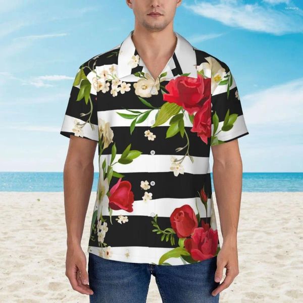 Camisas casuales para hombres Camisa de playa de moda floral para hombre Rayas blancas y negras Mangas cortas de verano Retro Y2K Blusas de gran tamaño Regalo