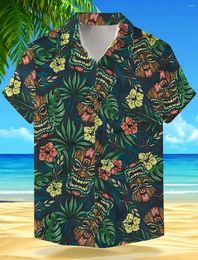 Chemises décontractées pour hommes Masque tropical Floral Vacon Hawaiian Shirt Outdoor Holiday Summer Summer Souche à manches Green Tiki