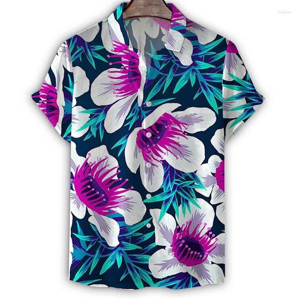 Chemises décontractées pour hommes Fleur 3D Imprimer Chemise hawaïenne pour hommes Été Manches courtes T-shirts à revers Harajuku Plantes de vacances Motif Bouton Blouse