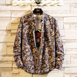 Heren Casual Shirts Bloem Shirt Lange Mouw Koreaanse Slanke Trend Knappe Retro Floral Ice Silk