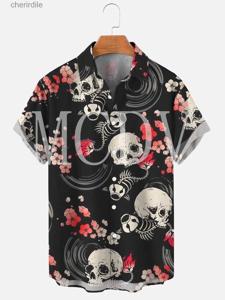 Chemises décontractées pour hommes Squelette de fleur 3D Shirt Hawaiian Vacation surdimensionnée Aloha Shirt Top YQ240408