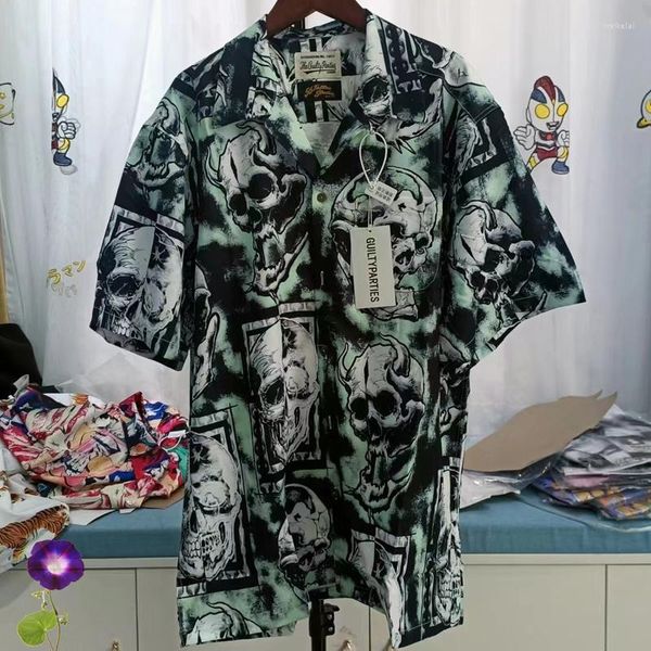 Camisas casuales para hombres Camisa verde fluorescente Wacko Maria Skull Real Po Moda Hombres Mujeres