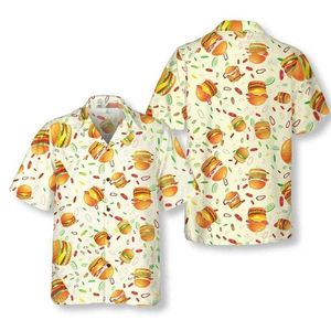 Chemises décontractées pour hommes Chemises graphiques Hamburger pour hommes pour hommes Contactez Hawaiian Burger Beach Shirt Aloha Hip Hop Hop Short Sheeve Vacation Blouses Top 240424