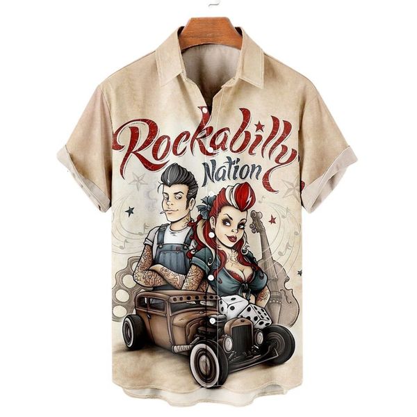 Hommes Chemises Décontractées Pour Hommes 3d Vintage Mode Violon Rocker Imprimé Rockabilly Chemise Hawaïenne À Manches Courtes Top Homme Harajuku Ropa Hombre 230130