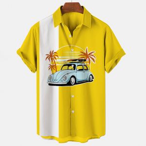 Hommes chemises décontractées pour hommes hawaïen jaune rayé arbre voiture impression noix de coco lâche revers simple boutonnage S5XL Blouses 230221