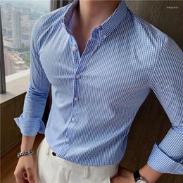 Mannen Casual Shirts Voor Mannen Lange Mouw 2023 Herfst Britse Stijl Gestreepte Plaid Slim Fit Formele Jurk Camisas Mode kleding