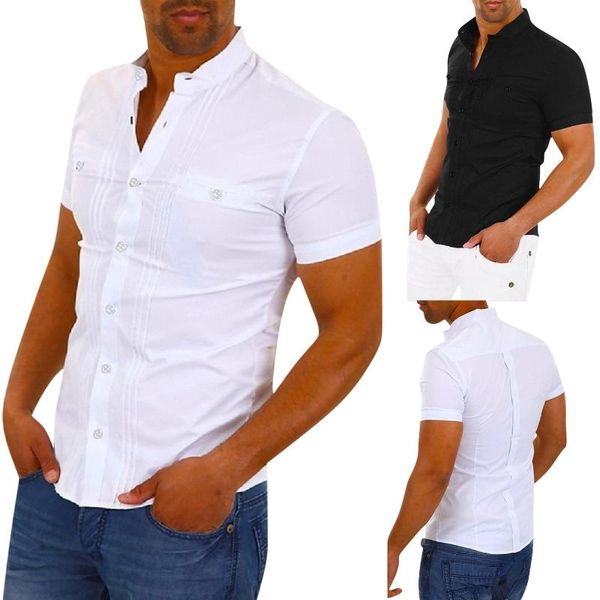 Camisas casuales para hombres Camisa formal para hombre grande alto masculino cuello vuelto tops botón de color sólido suelto blanco top corto negro cuello simulado menm