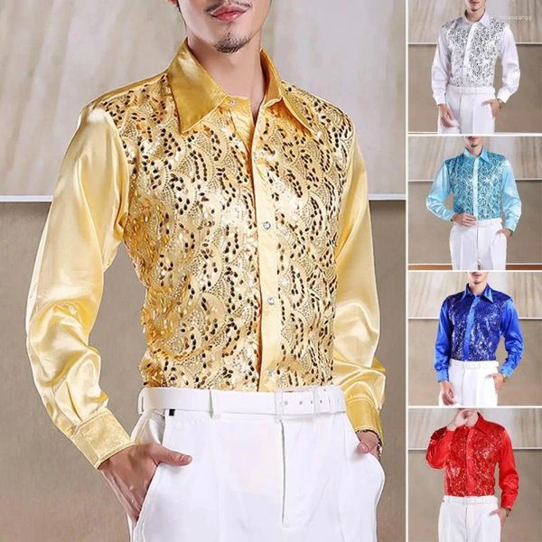 Camisas casuales para hombres Camisa formal Tops Lentejuelas de lujo Rendimiento para eventos de escenario de boda Manga larga Ajuste delgado de un solo pecho