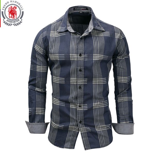 Chemises décontractées pour hommes Fredd Marshall Hommes Chemise à manches longues en patchwork à carreaux en denim 100% coton Chemises sociales pour hommes d'affaires Marque Vêtements pour hommes 230608