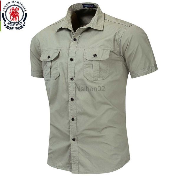 Chemises décontractées pour hommes Fredd Marshall Nouveau Chemise militaire pour hommes Chemises cargo à manches courtes en coton Chemise décontractée solide Chemise de travail de poche 55889 HKD230725