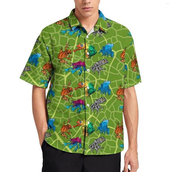 Camisas informales para hombre, camisa holgada con guía de rana, blusas de gran tamaño con estilo hawaianas de manga corta personalizadas para playa para hombre Six Raibow Frogs