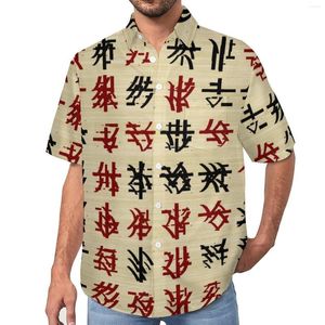 Camisas informales para hombre, camisa con estampado de letras divertidas, blusas holgadas hawaianas Y2K de playa con alfabeto chino, Top de gran tamaño estampado de manga corta