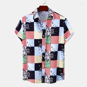 Camisas casuales para hombres Funky Fashion Square Estampado floral Camisa hawaiana para hombres Manga corta Botón Down Beach Aloha Men Party Holiday Blusa