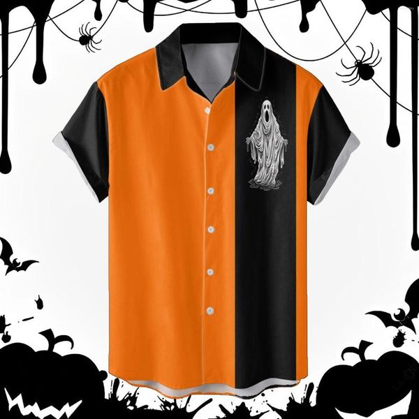 Camisas informales para hombre, divertida camisa de Halloween con estampado de fantasmas, camisa de manga corta a rayas con botones hacia abajo, ropa hawaiana para vacaciones, Chemise