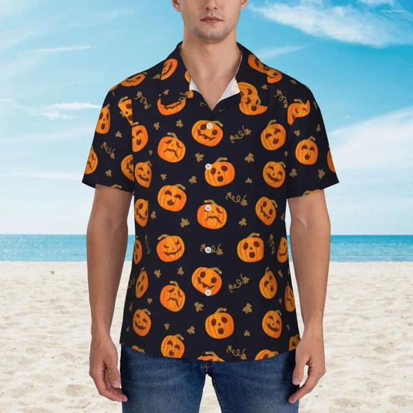 Camisas casuales para hombres camisa de vacaciones de calabaza naranja divertida feliz Halloween Hawaiian Masculino elegante blusas de manga corta Ropa callejera