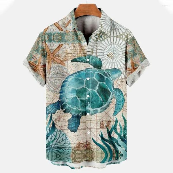 Camisas casuales para hombres Camisa divertida Estampado de tortuga Camiseta de manga corta hawaiana Botón de cuello de polo para hombres Moda vintage Playa Ropa masculina