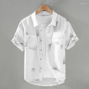 Casual shirts voor heren G097 Heren linnen shirt Hoogwaardige zomermode Korte mouw Simple Print Multi Pocket Dunne ademende losse tops